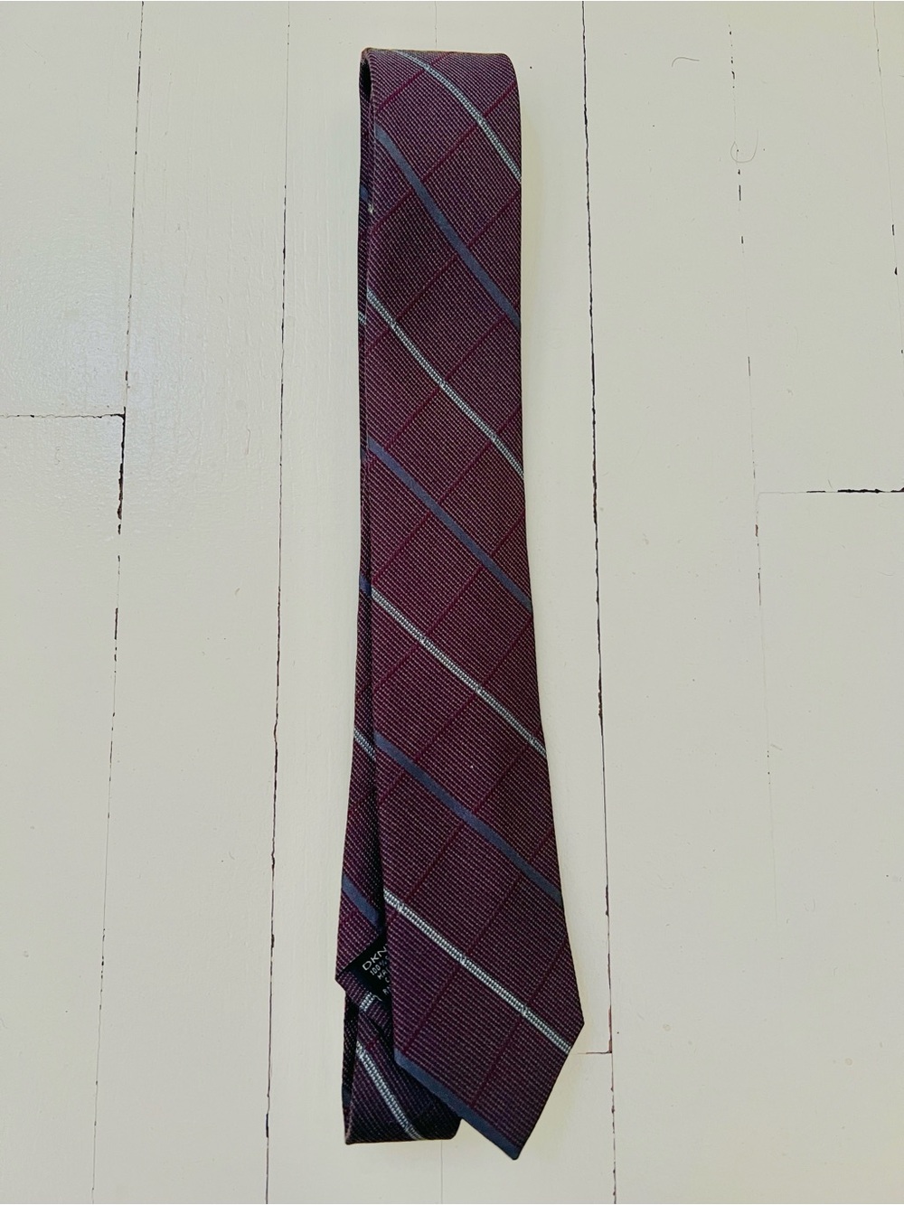 DKNY Men's Burgundy Plaid Tie with Subtle Gray Stripes